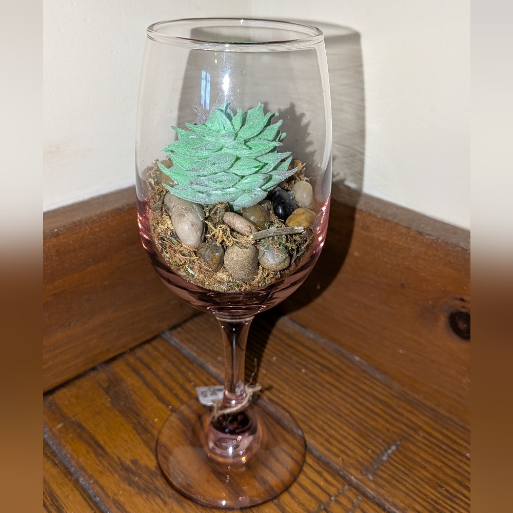 Wine Glass Terrarium With Faux Succulent and Stones - Picture 2 of 3